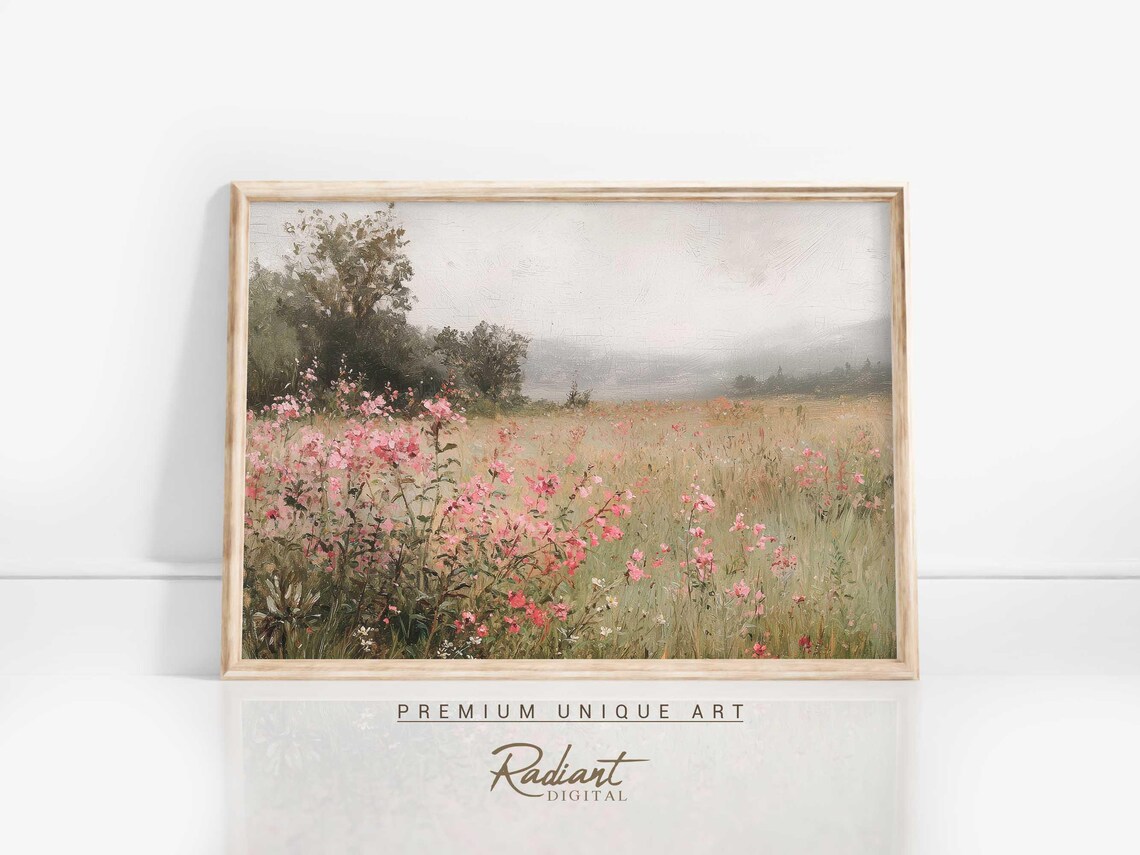 Pink Wildflower Field Misty Meadow Landscape Oil Painting Poster