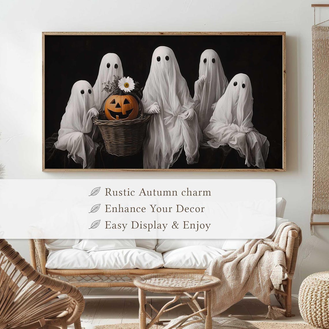Ghostly Halloween Frame Tv Art Vintage Spooky Decor Cute Ghosts Tv Art Fall Halloween Display Retro Ghost Scene Pumpkin Tv Wall Art - Image 4