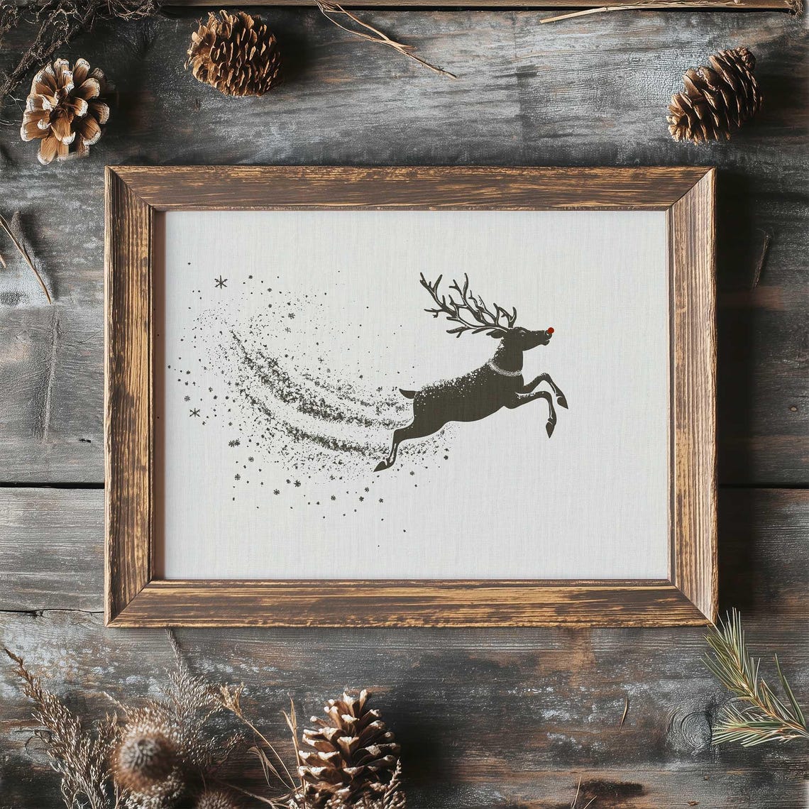 Red Nosed Reindeer Leaping Charcoal Silhouette Snowy Sparkle Poster - Image 3