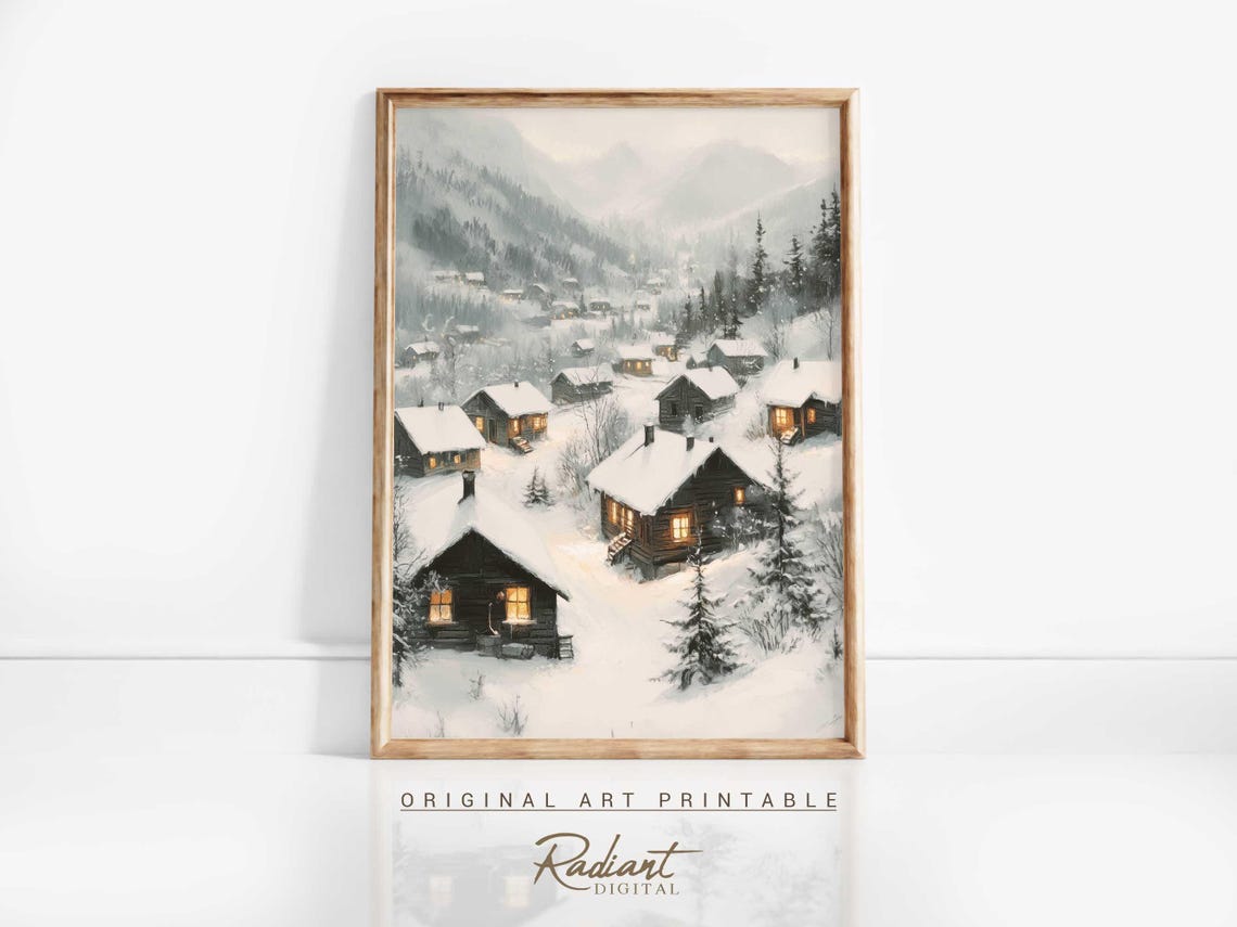 Snowy Mountain Village Cabins Glowing Winter Night Watercolor Poster