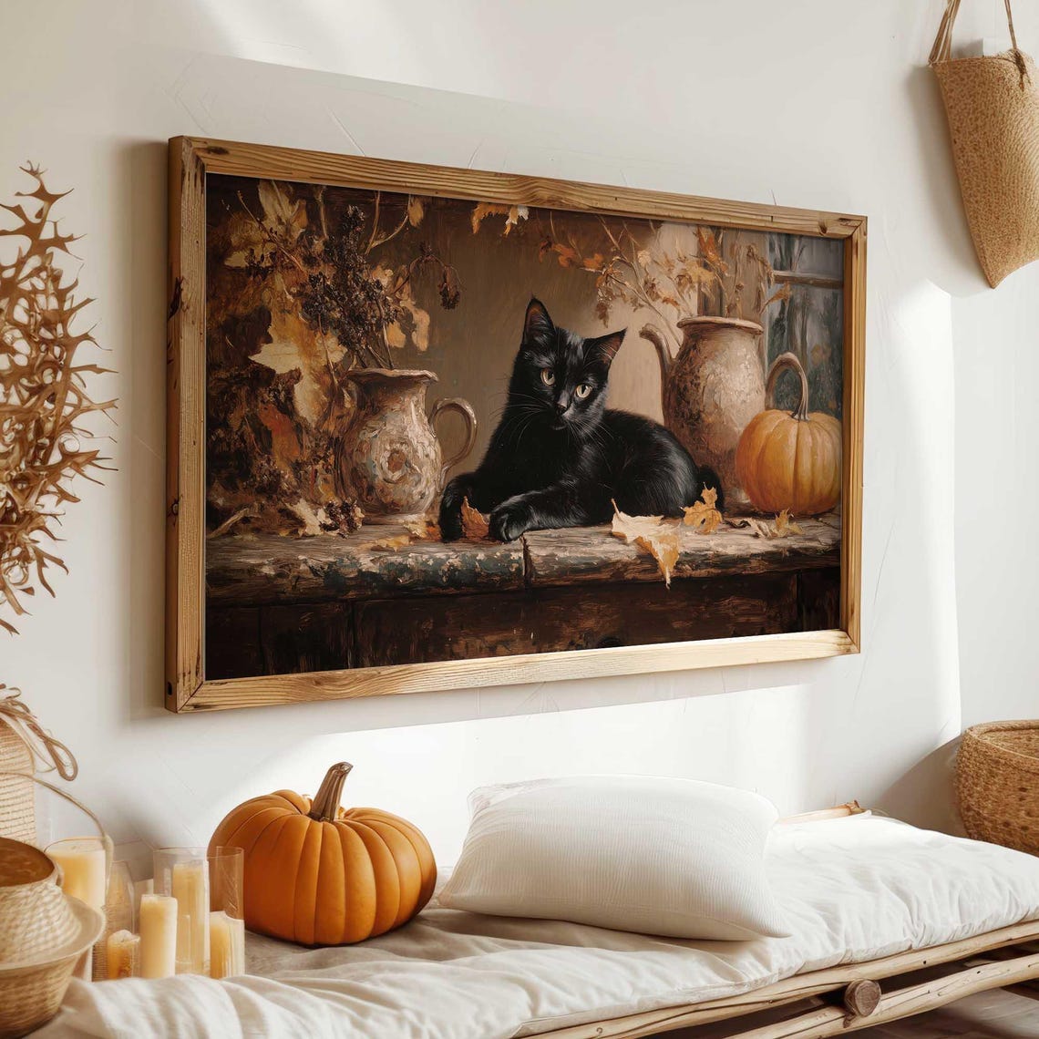 Cozy Black Cat With Pumpkins Rustic Autumn Still Life Poster - Image 3