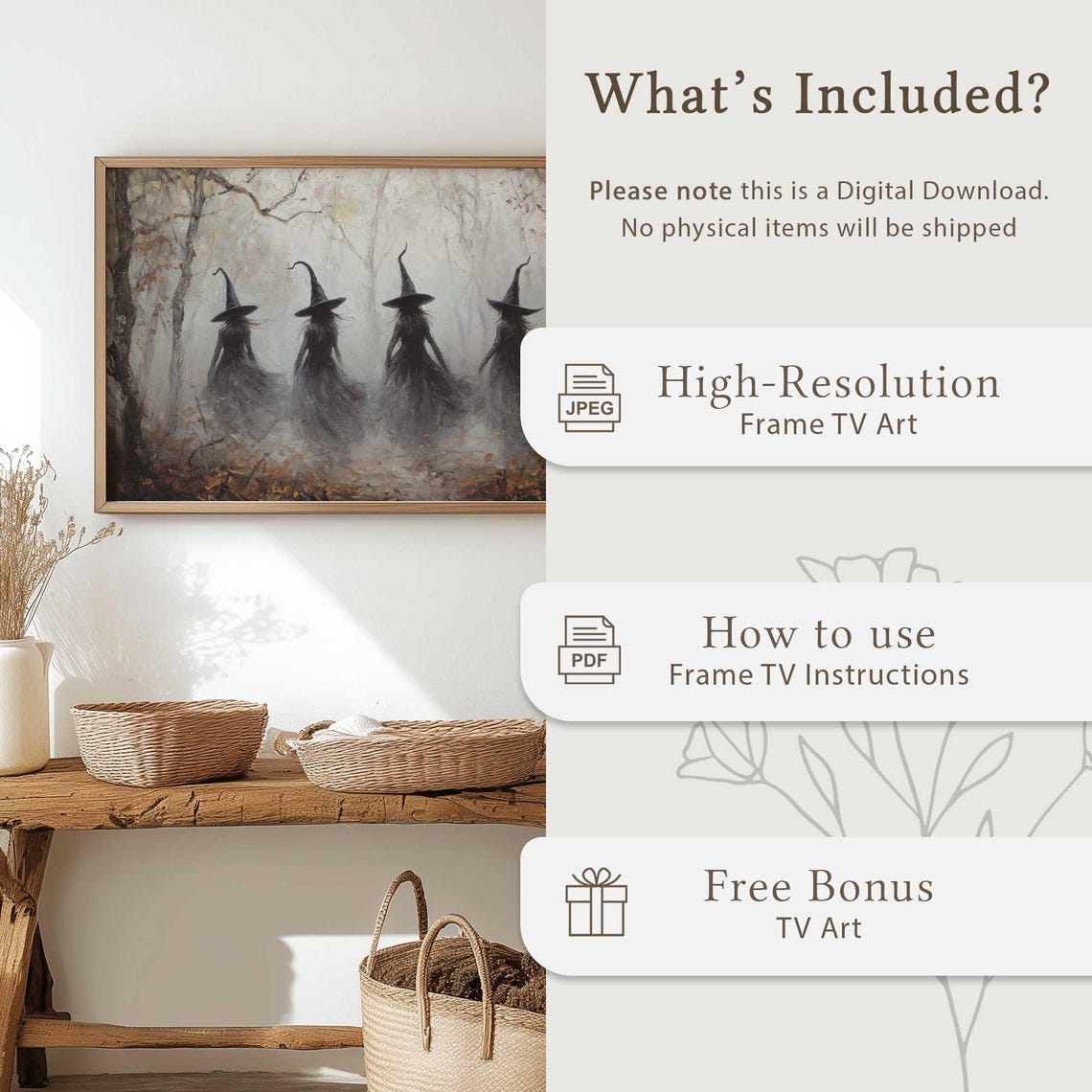 Witch Silhouettes in Foggy White Forest Gothic Halloween Art Poster - Image 5