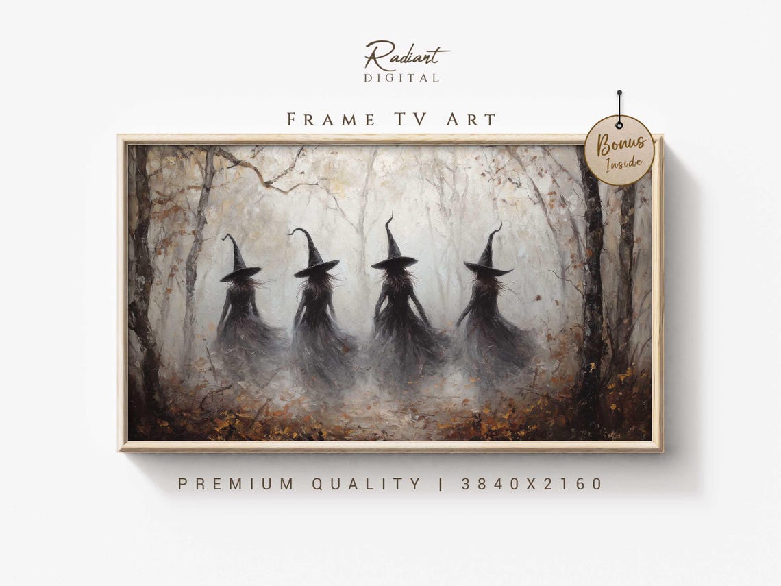 Witch Silhouettes in Foggy White Forest Gothic Halloween Art Poster