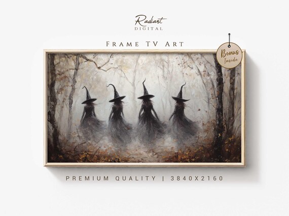 Witch Silhouettes in Foggy White Forest Gothic Halloween Art Poster