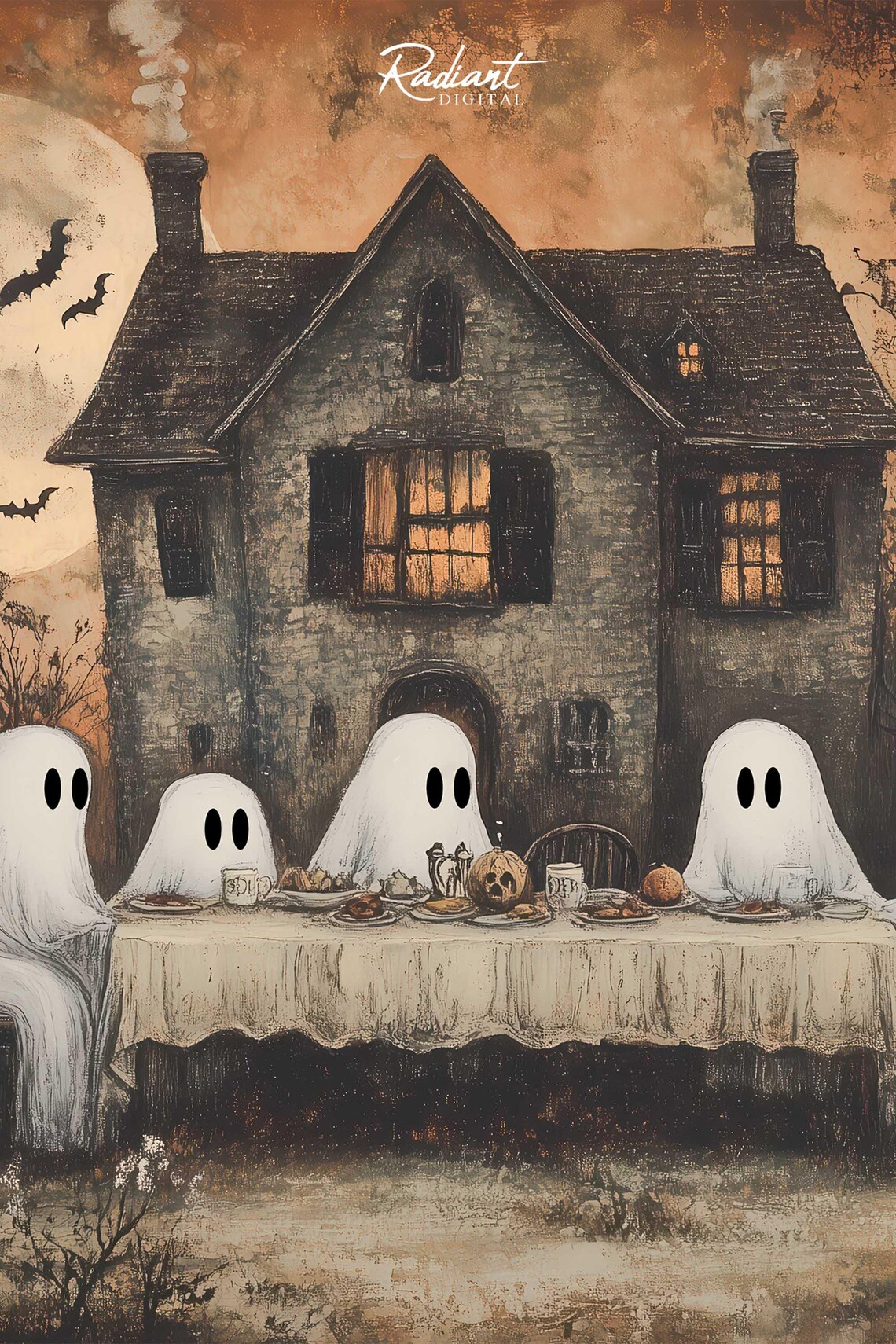 Ghost Tea Party at Haunted House Full Moon Halloween Art Poster - Image 3