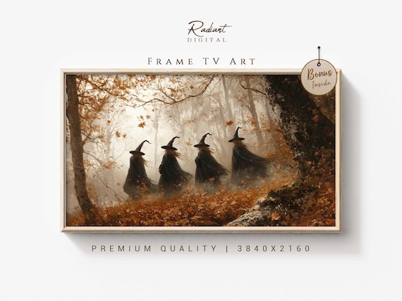 Four Witches Walking Through Misty Glowing Golden Autumn Forest Poster