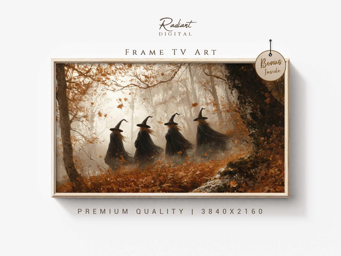 Four Witches Walking Through Misty Glowing Golden Autumn Forest Poster