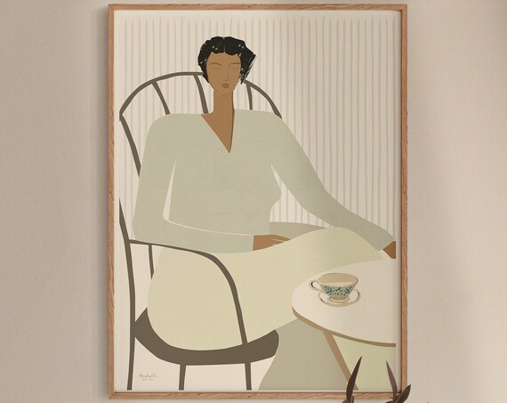 Abstract Tea Time Art Print, Minimalist Woman Illustration