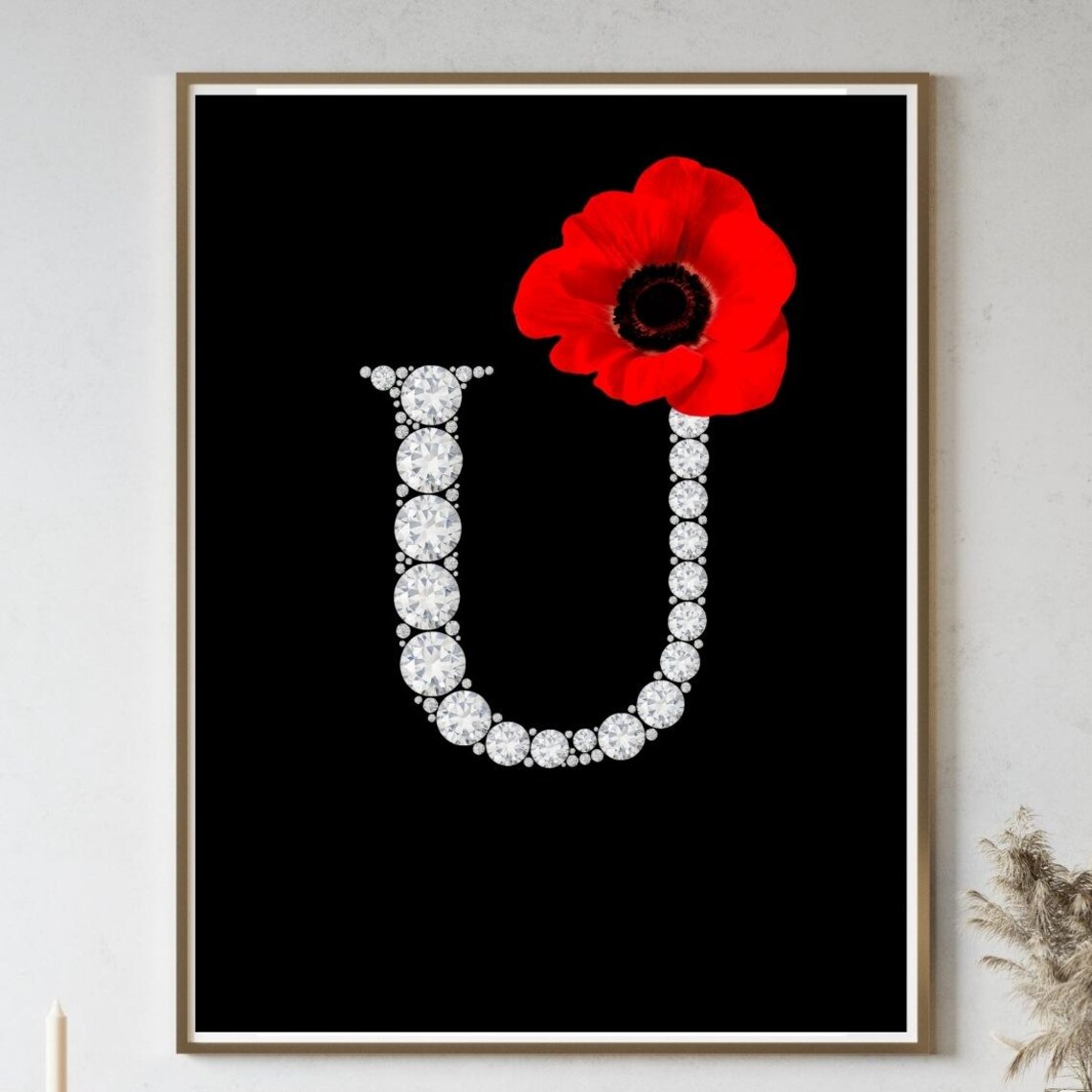 Diamond Monogram Initial U Red Poppy Flower Glam Black Poster