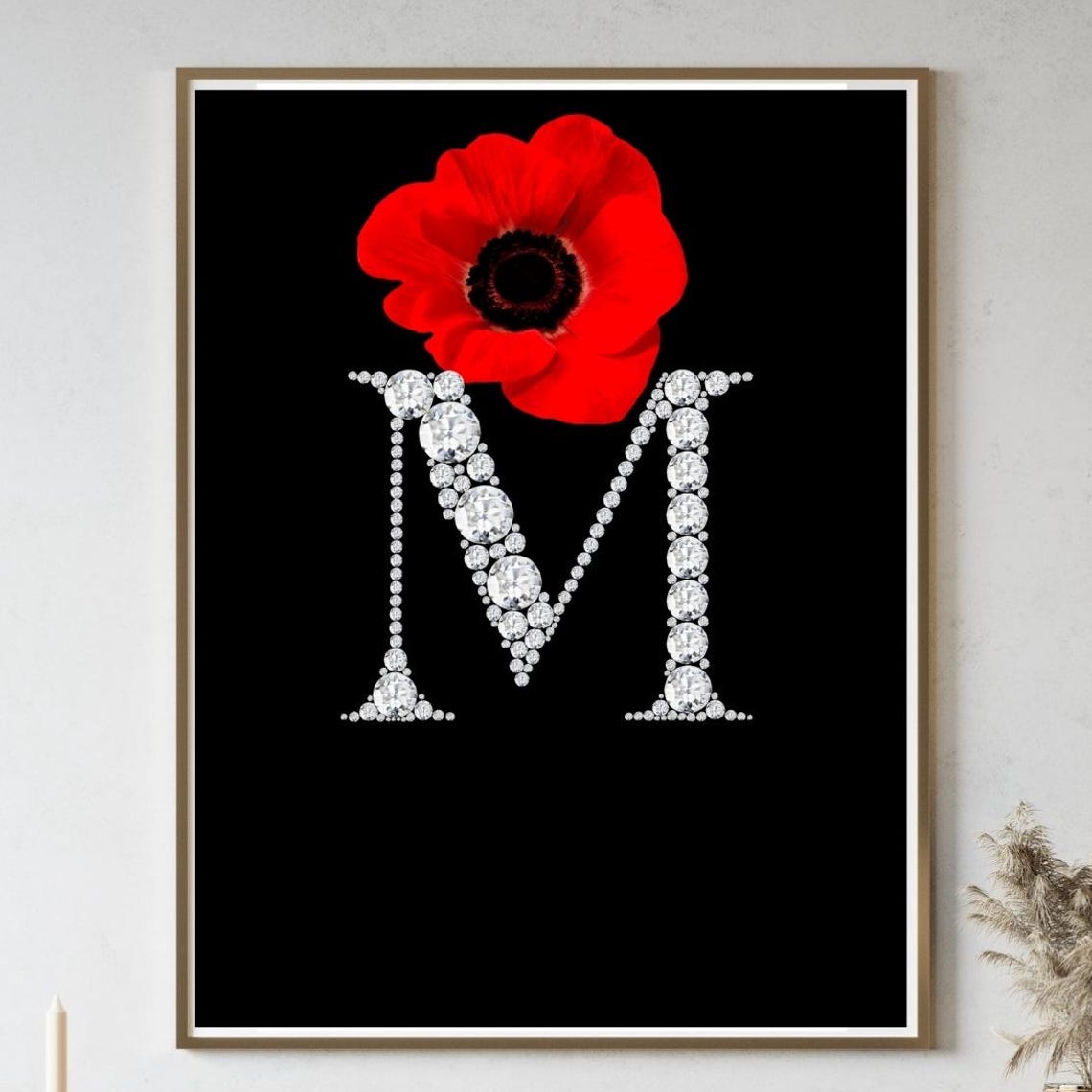 Diamond Monogram Initial M Red Poppy Flower Glam Black Poster