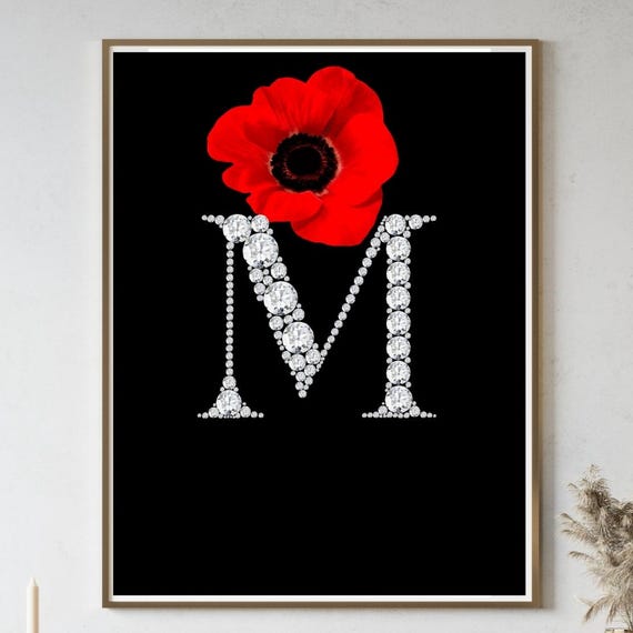 Diamond Letter M Wall Art Red Flower Monogram Print Elegant Initial Poster Personalized Name Decor Luxury Alphabet Glam