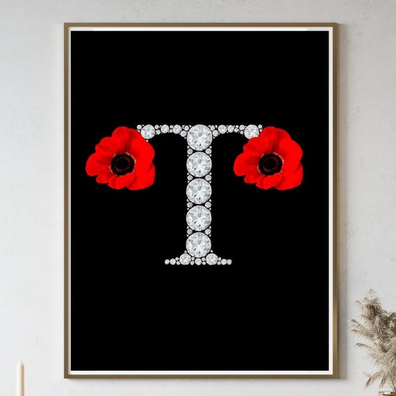 Diamond Letter T Wall Art Red Flower Monogram Print Elegant Initial Poster Personalized Name Decor Luxury Alphabet Glam