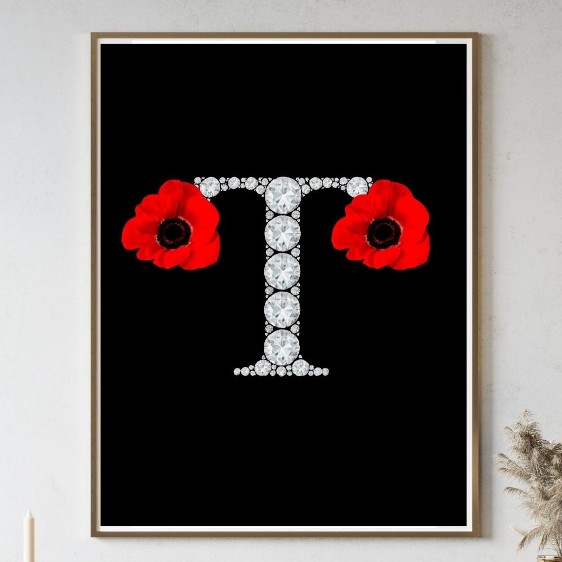 Diamond Monogram Initial T Red Poppy Flower Glam Black Poster