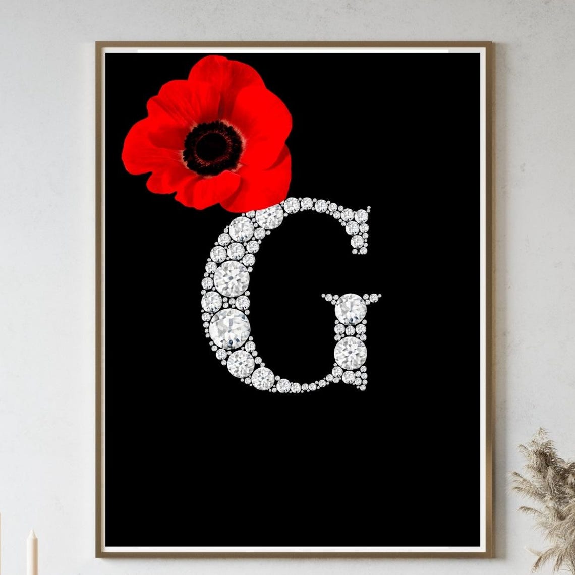 Diamond Monogram Initial G Red Poppy Flower Glam Black Poster