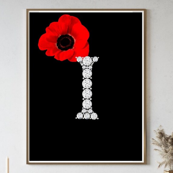 Diamond Monogram Initial I Red Poppy Flower Glam Black Poster