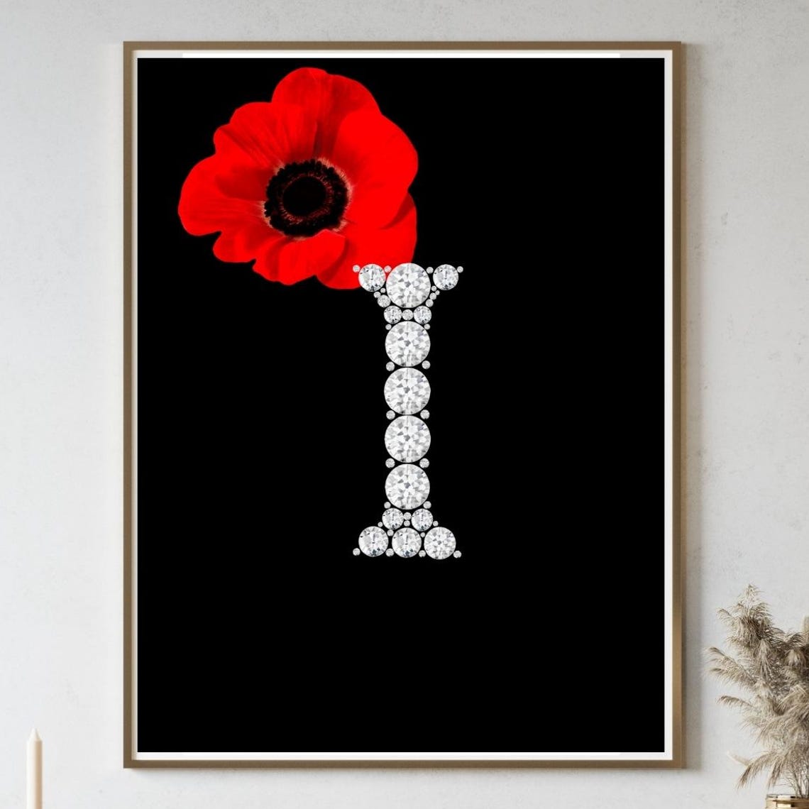 Diamond Monogram Initial I Red Poppy Flower Glam Black Poster