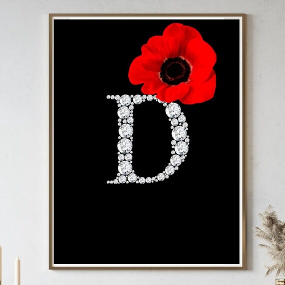 Glam Diamond Letter D Initial Red Poppy Black Decor Art Poster
