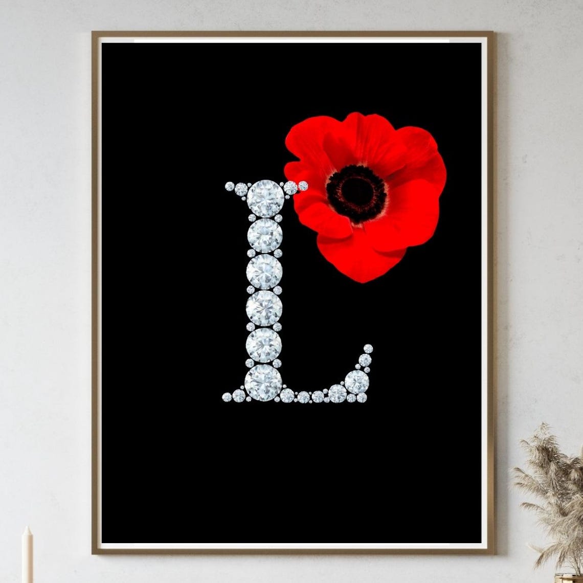 Diamond Monogram Initial L Red Poppy Flower Glam Black Poster