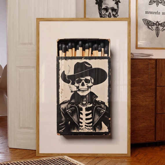 Skeleton Cowboy Matchbook Print Western Goth Decor Day Of The Dead Memento Mori Boho Eclectic Wall Art Black White Unique Home Momento