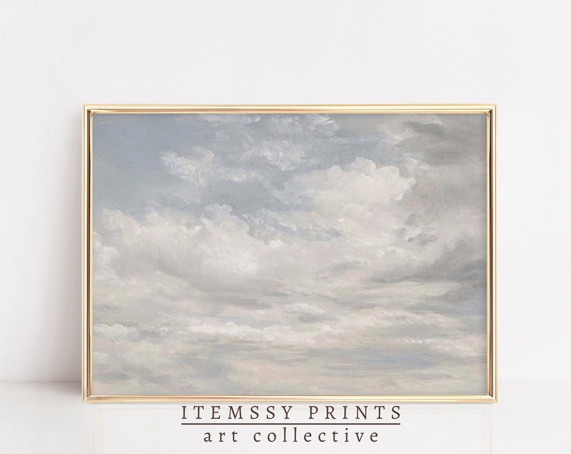 Soft Gray Clouds Sky Painting Minimalist Vintage Cloud Wall Art