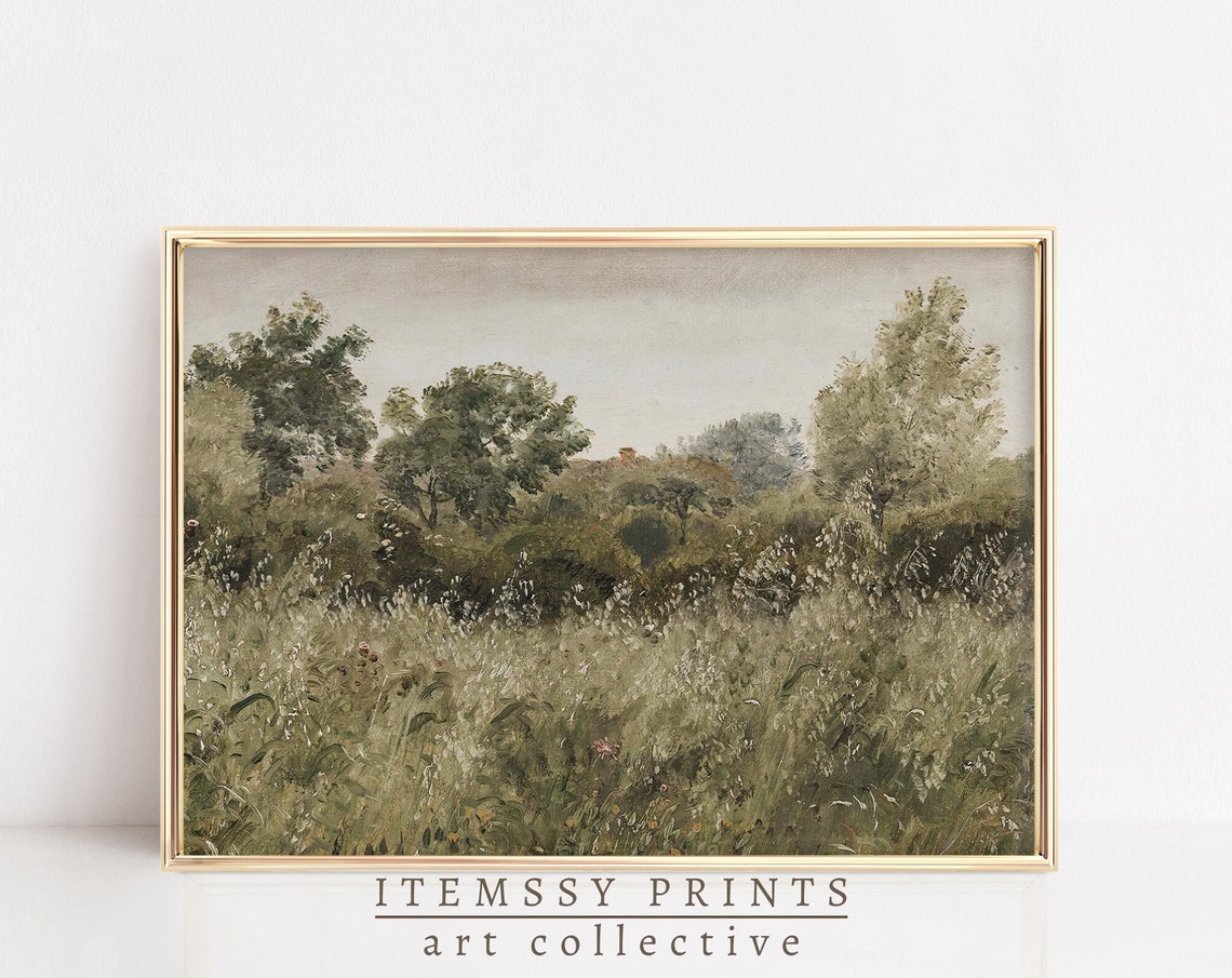 Windswept Meadow Grass With Trees Muted Vintage Landscape Poster