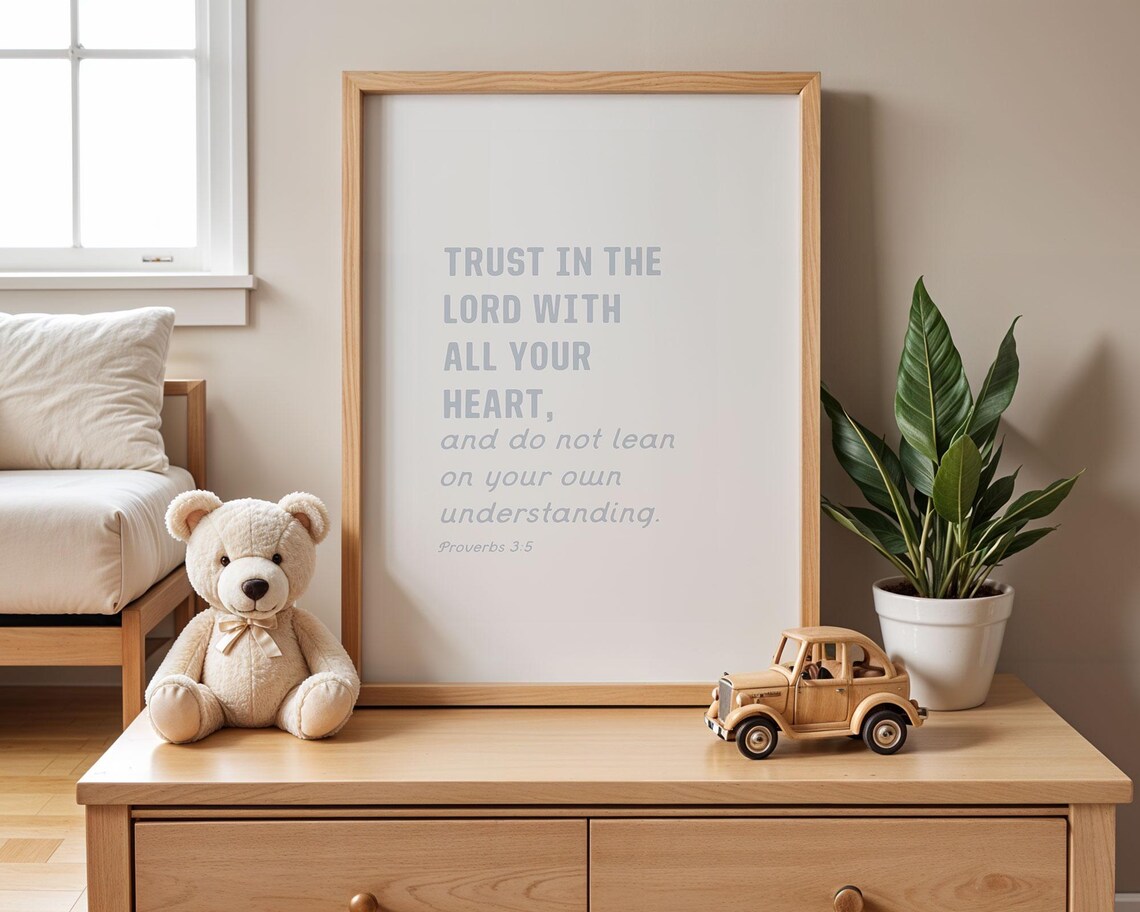 Proverbs 3 5 Trust In The Lord Soft Blue Grey Nursery Bible Poster - Image 2