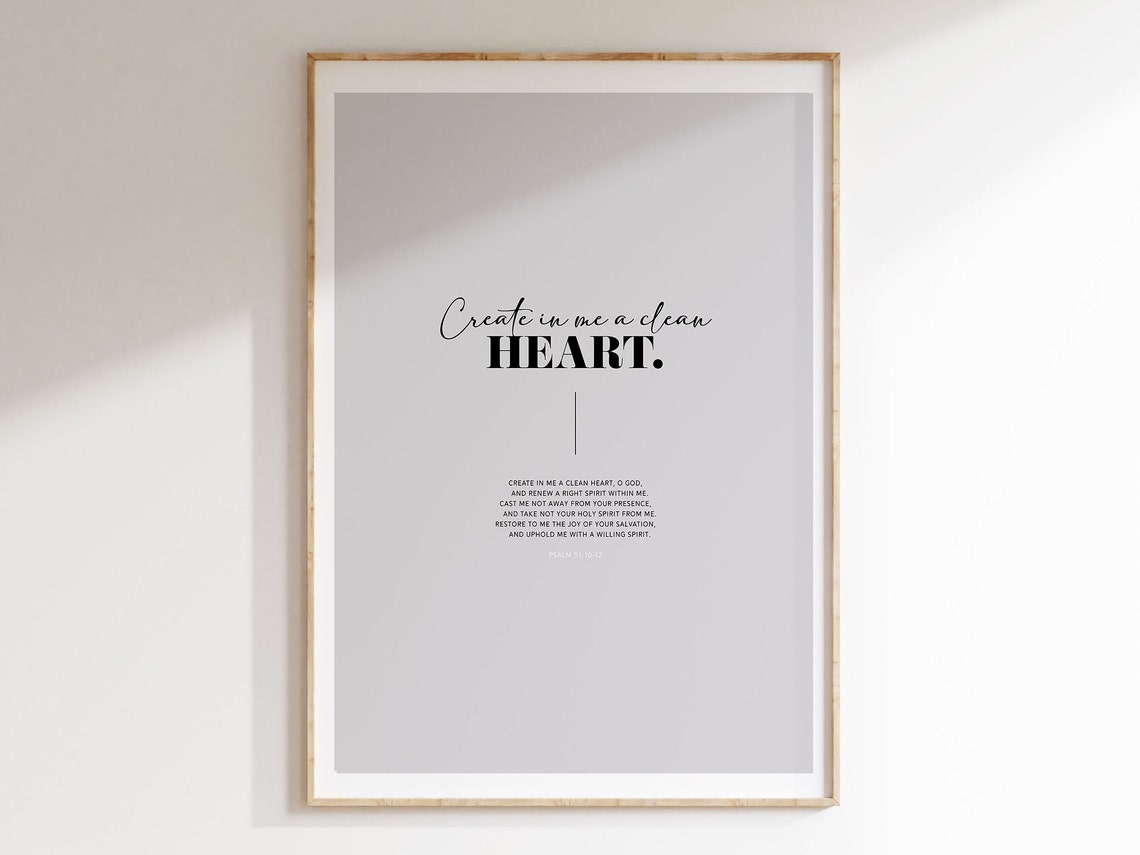 Create In Me A Clean Heart Psalm 51 Bible Verse Wall Art Christian Modern Smart Scripture Poster Typography Home Decor