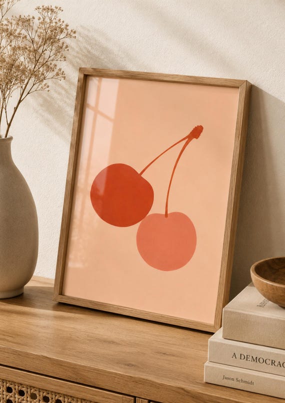 Cherry Wall Art Print Minimalist Fruit Poster Modern Kitchen Decor Scandinavian Botanical Artwork Neutral Red