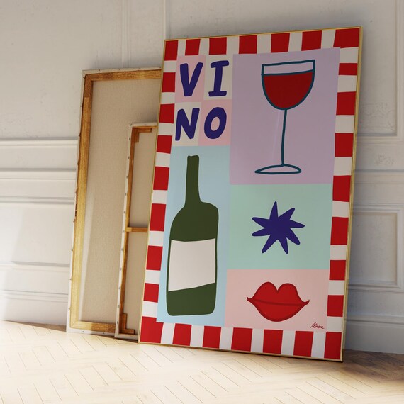 Vino Wine Collage Red Checkered Border Hand Drawn Bar Cart Art Poster