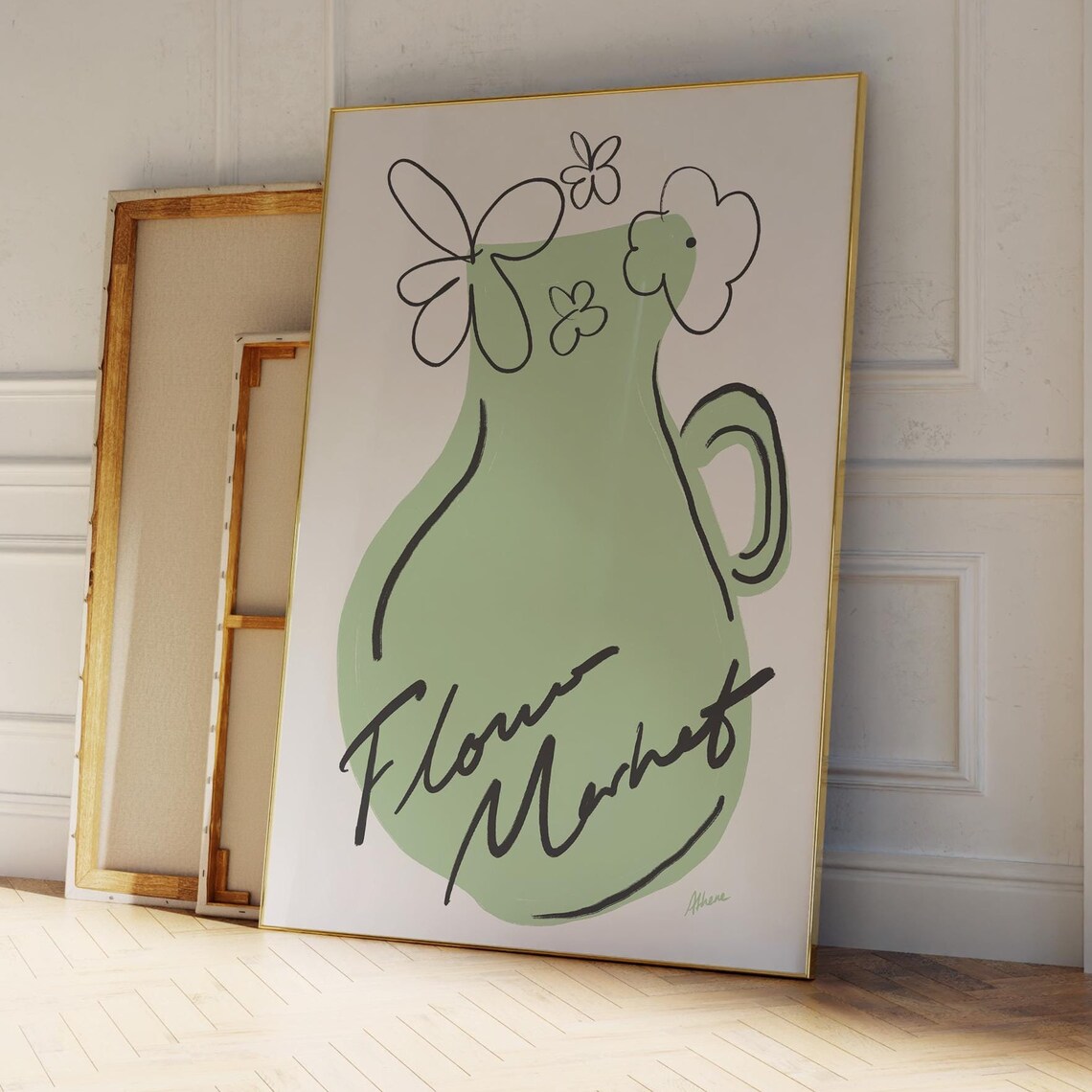 Flower Market Sage Green Minimalist Line Drawing Botanical Poster