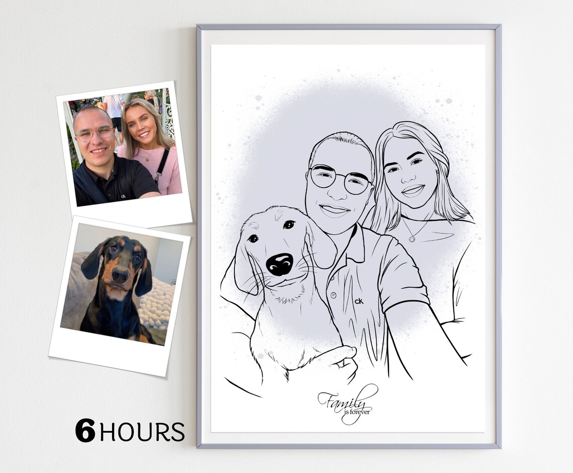 Custom Line Art Couple Portrait with Dog and Family Is Forever Poster