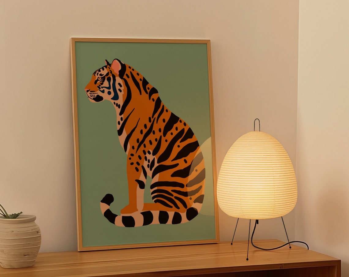 Bold Tiger Illustration on Green Background Modern Art Poster