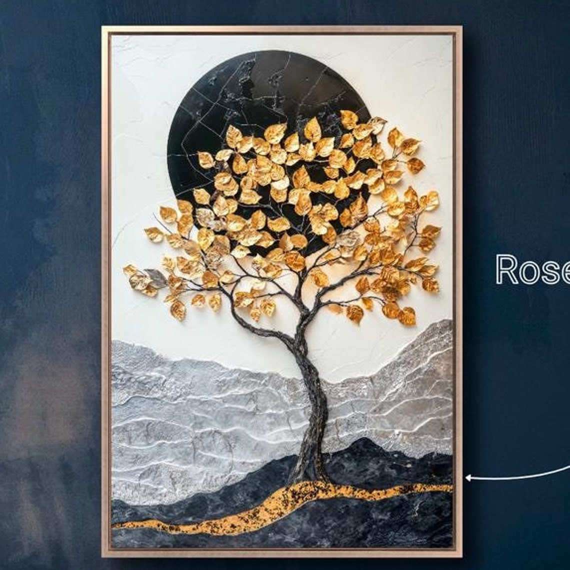 Mystical Golden Tree Black Moon Circle Textured Mountain Art Print