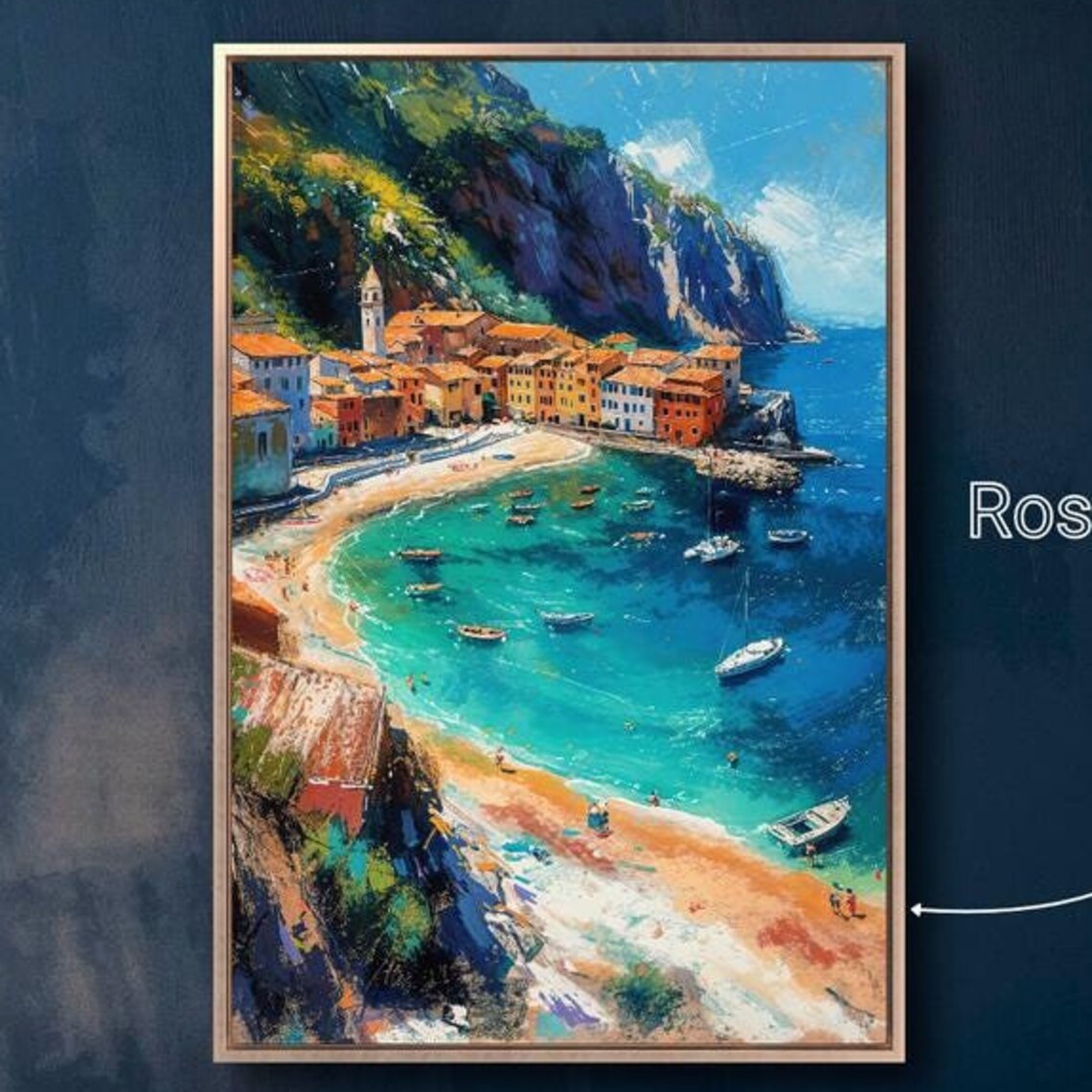 Colorful Coastal Village Bay Boats Mediterranean Harbor Painting Print