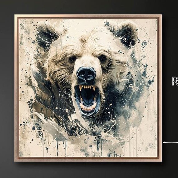 Fierce Roaring Bear Bared Teeth Monochrome Wildlife Portrait Poster