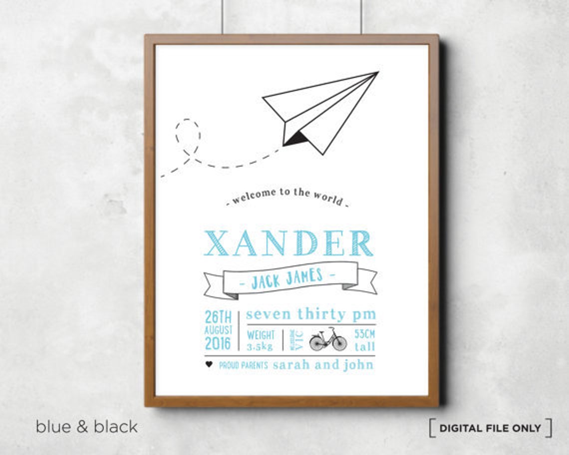 Paper Airplane Birth Stats Blue Personalized Nursery Baby Poster