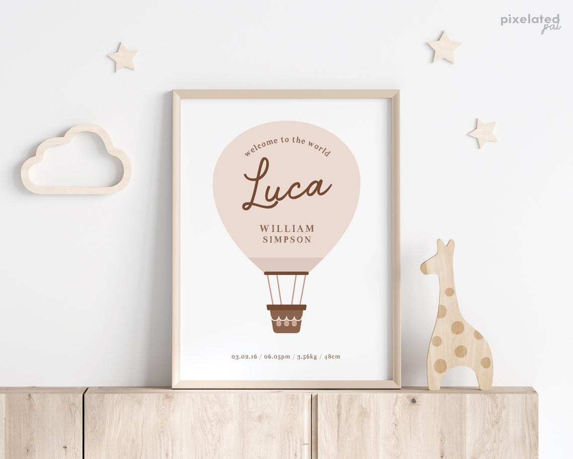 Hot Air Balloon Birth Stats Personalized Nursery Baby Poster