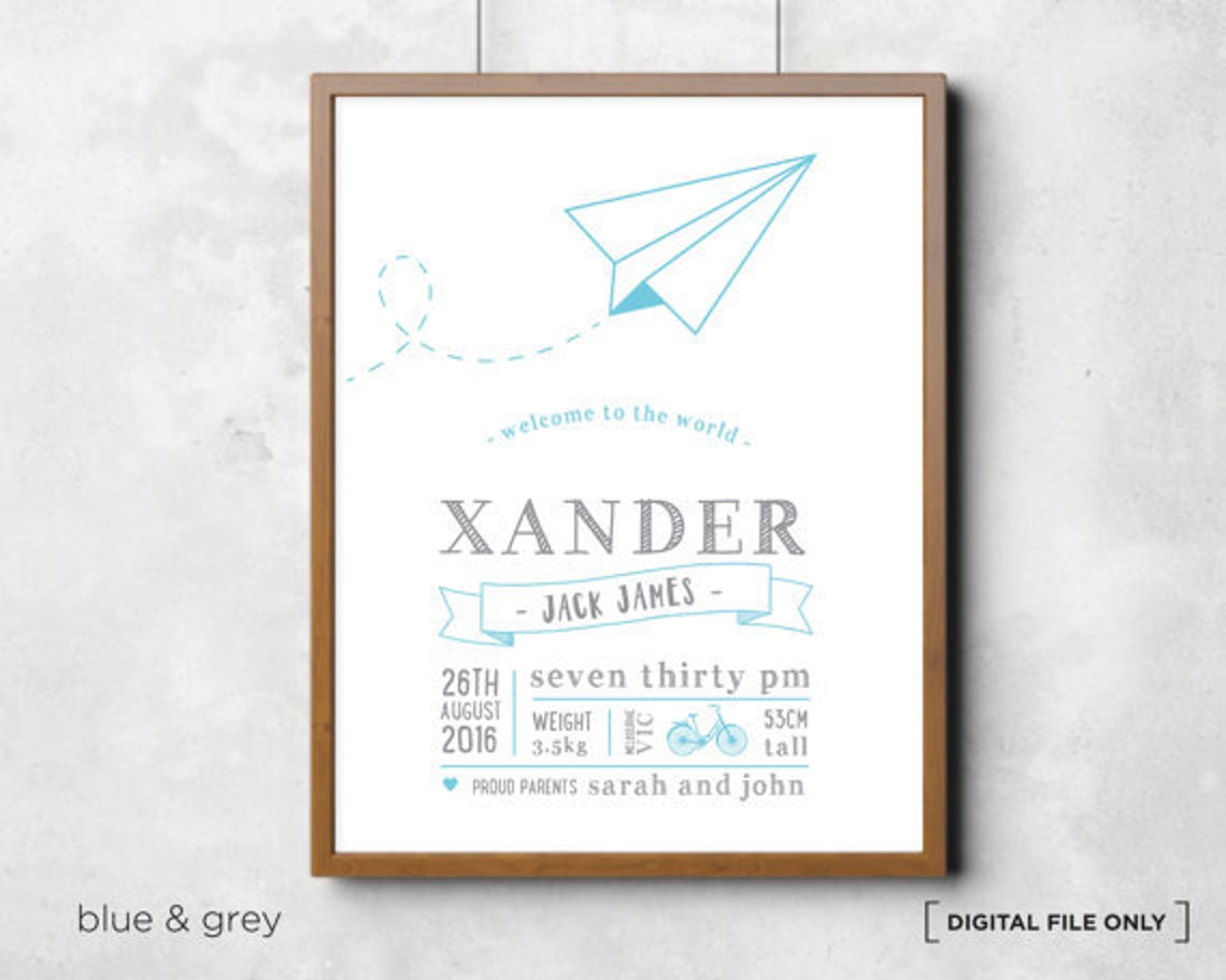 Paper Airplane Birth Stats Blue Personalized Nursery Baby Poster - Image 3