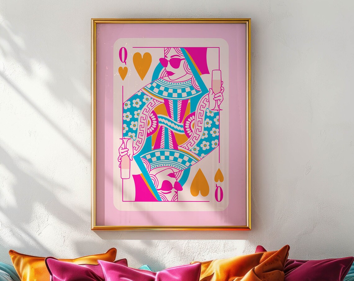 Pink Queen of Hearts Playing Card Champagne Glass Pop Art Poster