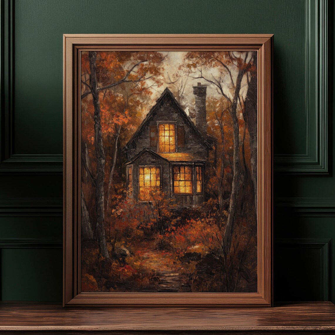 Cozy Autumn Cottage Lit Windows Fall Forest Painting Art Poster - Image 2