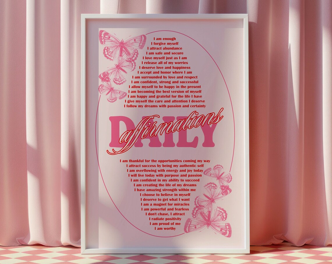 Daily Affirmations Pink Butterfly Self Love Motivational Quote Poster