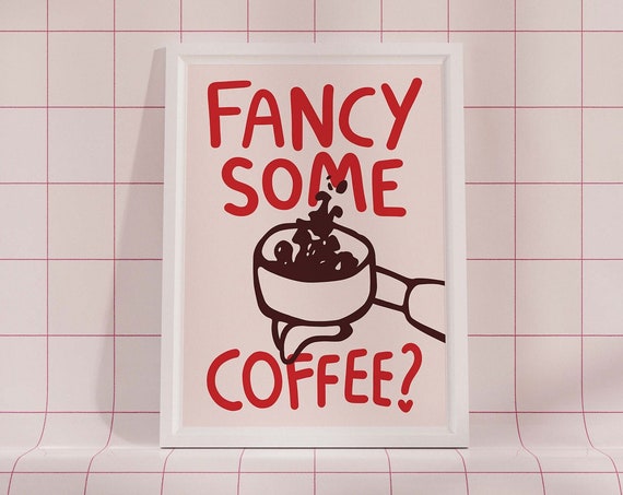 Funky Fancy Some Coffee Poster Portafilter Caffeine Red Print Preppy Trendy Eclectic Wall Art Cafe Bar Retro Maximalist Decor