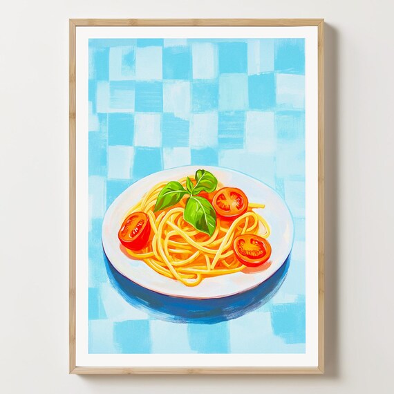 Fresh Spaghetti Tomato Basil Plate Blue Checkered Kitchen Poster