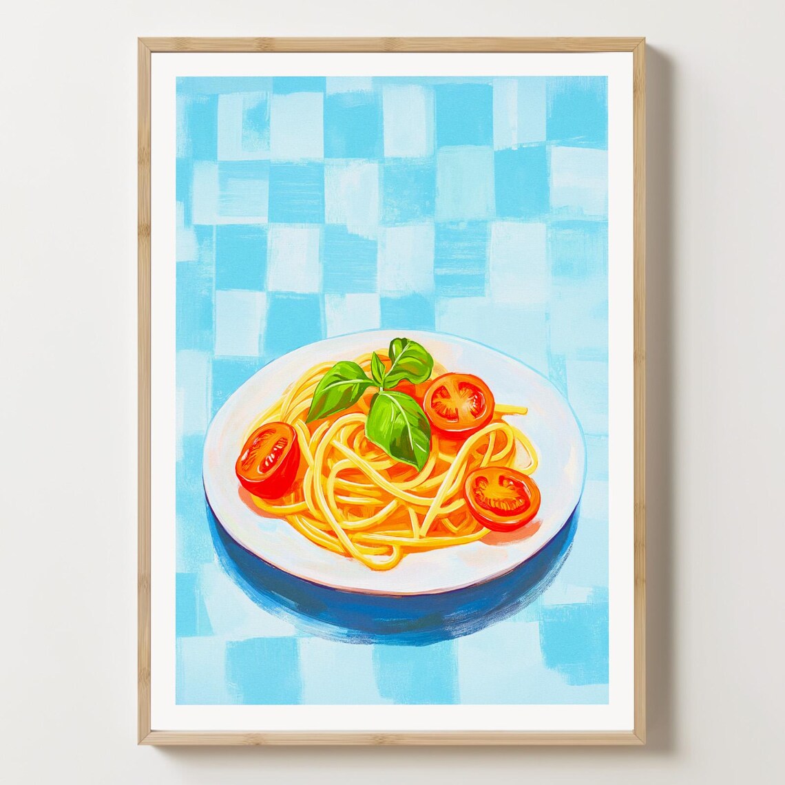 Fresh Spaghetti Tomato Basil Plate Blue Checkered Kitchen Poster