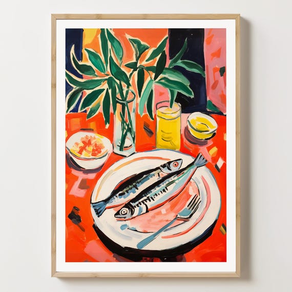 Seafood Poster Fish Wall Art Print Italian Kitchen Dining Coastal Decor Rustic