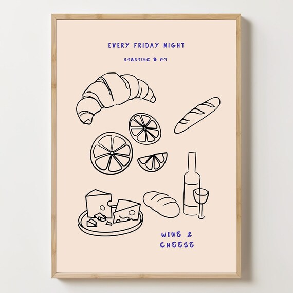 Wine And Cheese Friday Night French Bistro Kitchen Line Art Food Poster