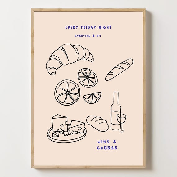 Wine And Cheese Poster French Bistro Print Kitchen Wall Art Minimalist Food Charcuterie Modern