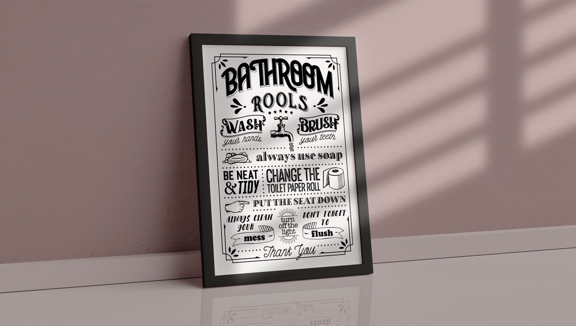 Bathroom Rools Funny Rules Sign Black And White Typography Poster - Image 2