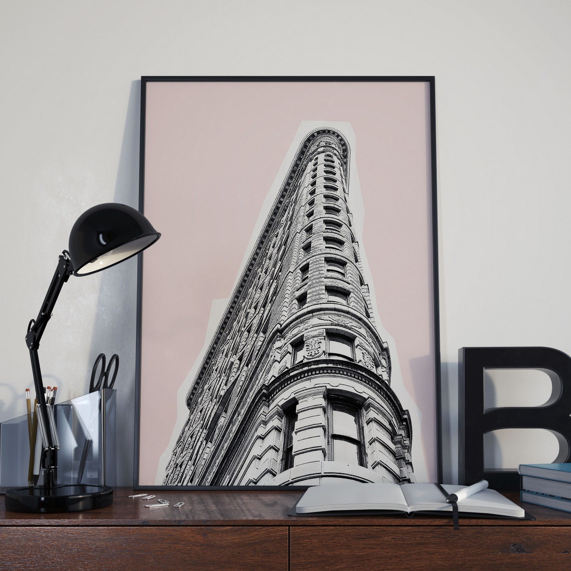 Flatiron Building Black and White on Blush Pink Architecture Poster - Image 2
