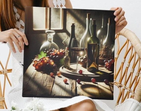 Wine Bottles Grapes Decanter Window Light Rustic Still Life Poster